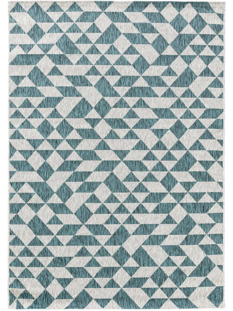 Tapis géométrique motif triangle bleu et gris d'intérieur et d'extérieur 120x170 cm