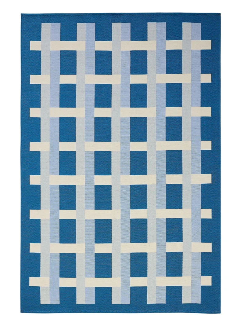Tapis géométrique quadrillé bleu et beige d'intérieur et d'extérieur 120x180 cm