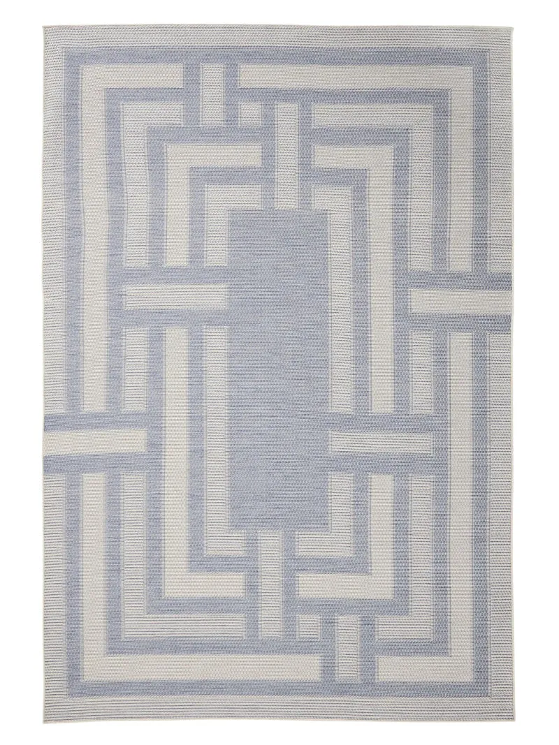 Tapis géométrique labyrinthe bleu et gris d'intérieur et d'extérieur 200x290 cm