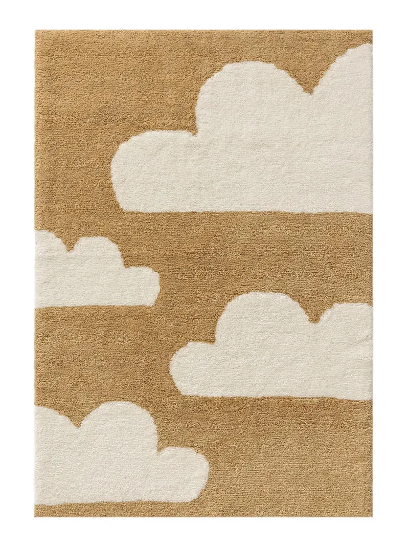 Tapis moderne motif nuage enfant jaune mourtarde et beige en laine 120x170 cm