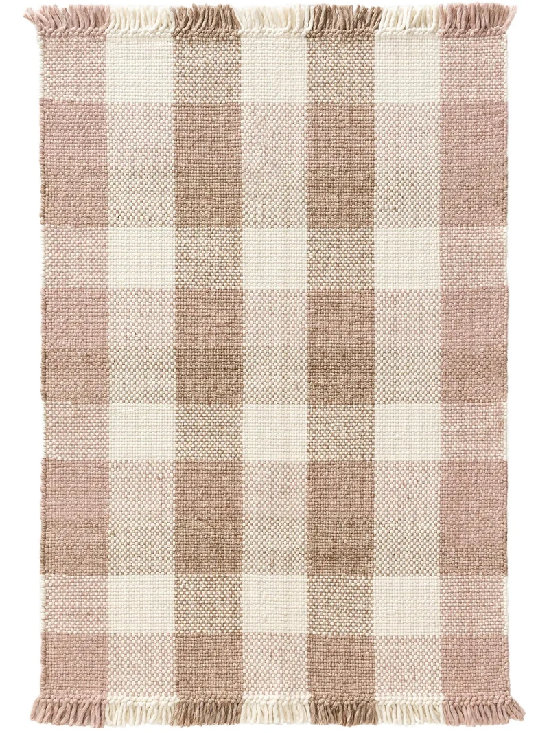 Tapis moderne trame tartan enfant crème et rose en laine 100x150 cm