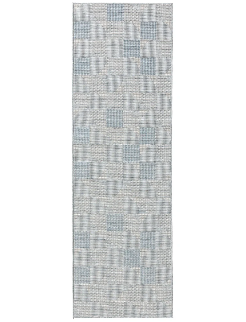 Tapis géométrique motif patchwork de couloir bleu d'intérieur et d'extérieur 80x250 cm