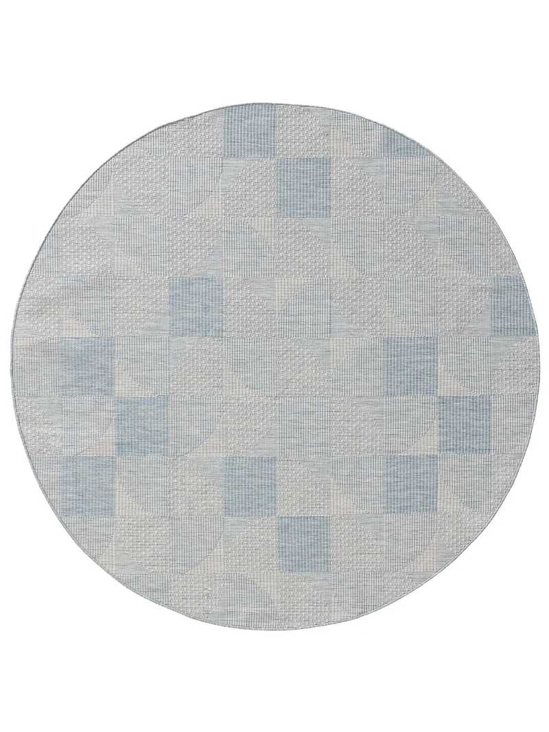 Tapis géométrique motif patchwork rond bleu d'intérieur et d'extérieur 160 cm de diamètre