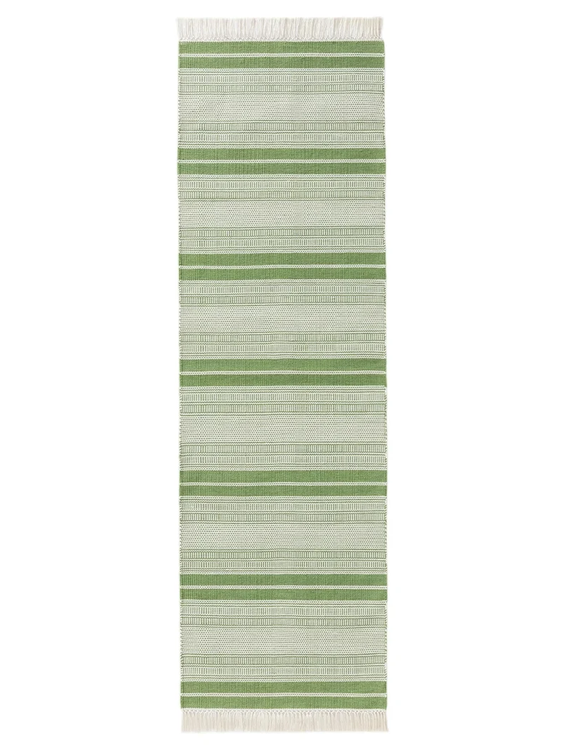 Tapis ethnique rayé à franges de couloir vert d'intérieur et d'extérieur 80x250 cm