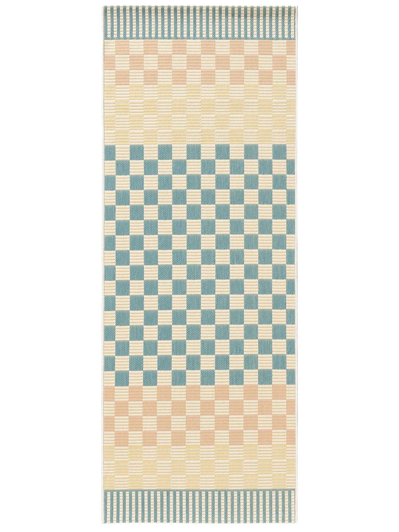 Tapis géométrique damier de couloir vert d'eau et beige d'intérieur et d'extérieur 80x200 cm