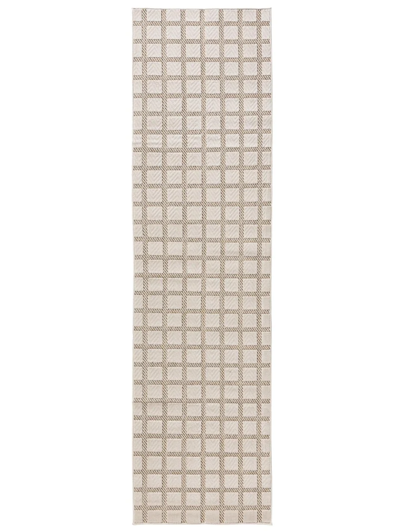 Tapis géométrique motif damier relief de couloir crème d'intérieur et d'extérieur 80x300 cm