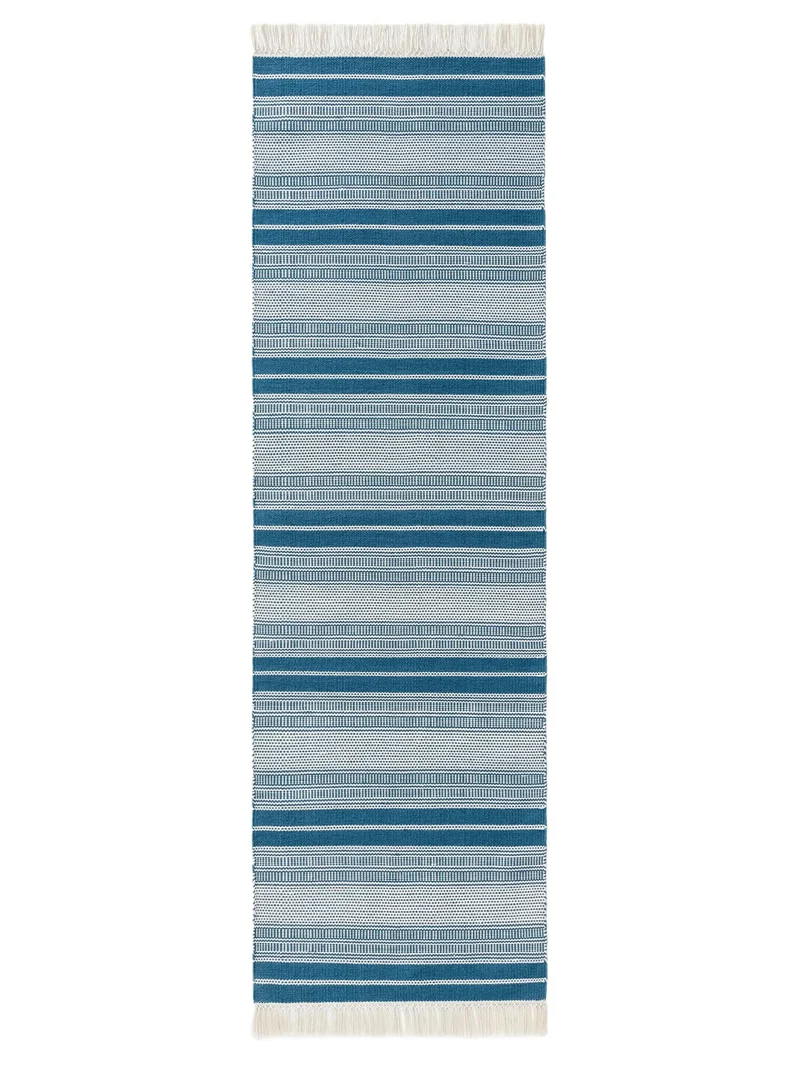 Tapis ethnique rayé à franges de couloir bleu et blanc d'intérieur et d'extérieur 80x250 cm