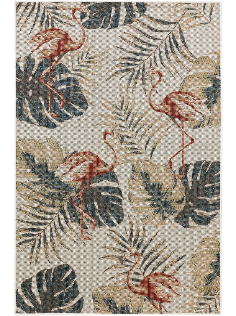 Tapis moderne feuilles et flamants vert et beige d'intérieur et d'extérieur 160x230 cm