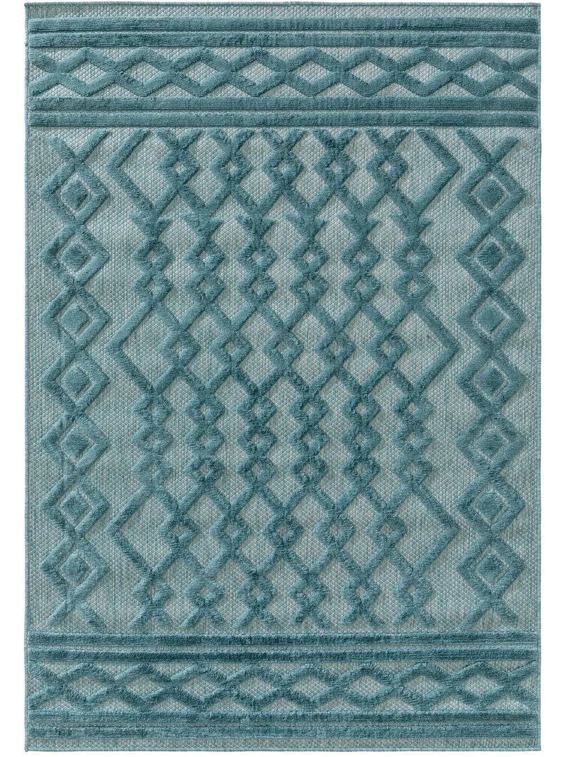 Tapis géométrique motif ethnique relief turquoise d'intérieur et d'extérieur 80x150 cm