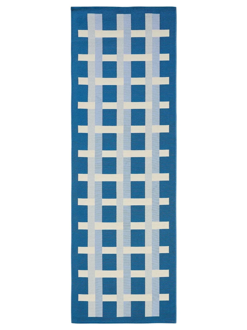 Tapis géométrique quadrillé de couloir bleu et beige d'intérieur et d'extérieur 80x250 cm