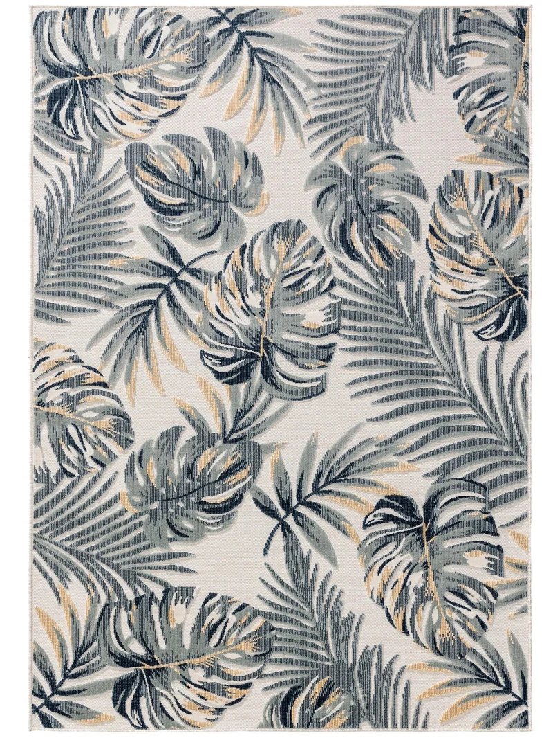 Tapis moderne motif floral palmier gris et bleu d'intérieur et d'extérieur 80x150 cm