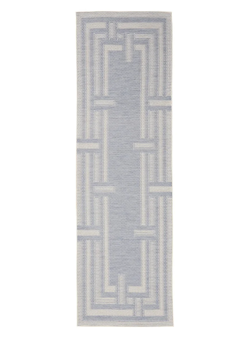 Tapis géométrique labyrinthe de couloir bleu et gris d'intérieur et d'extérieur 80x250 cm