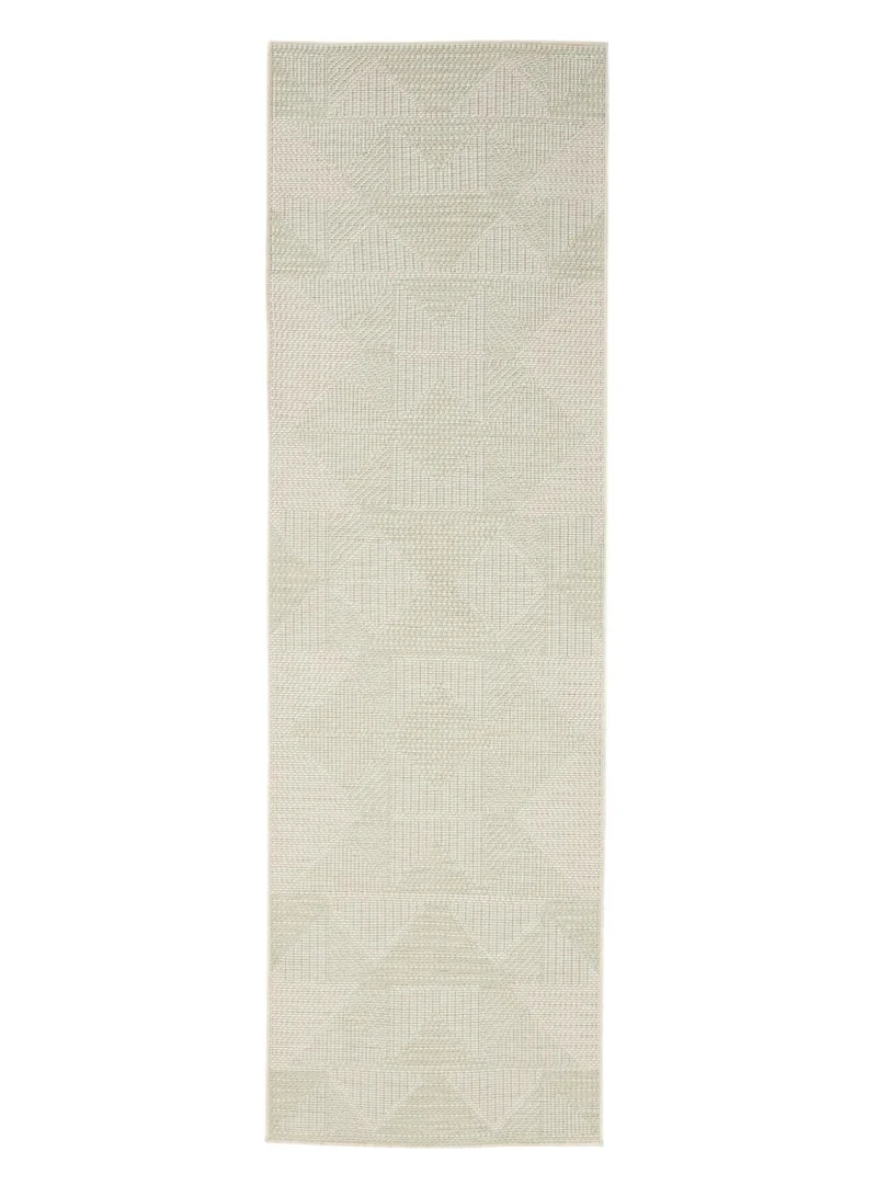 Tapis géométrique inspiration ethnique de couloir gris et vert d'intérieur et d'extérieur 80x250 cm