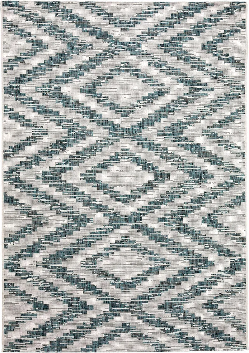 Tapis bohème motif ethnique beige et bleu d'intérieur et d'extérieur 120x170 cm