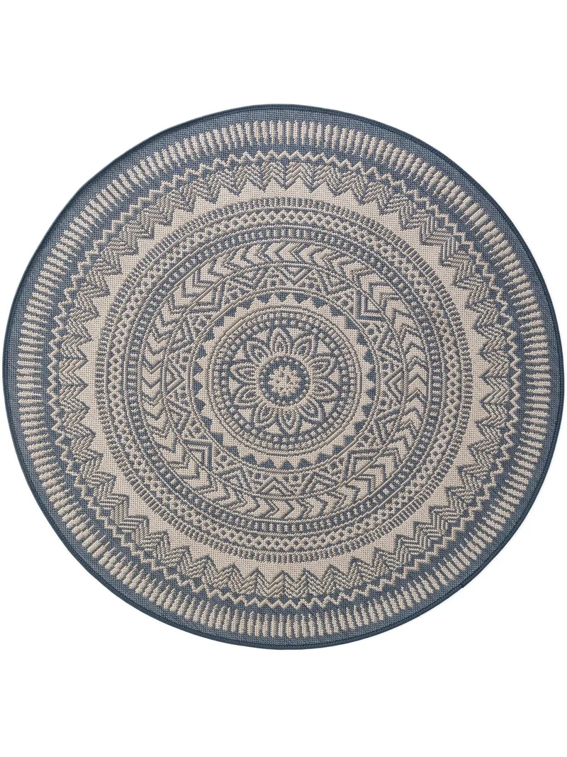 Tapis géométrique motif berbère rond bleu d'intérieur et d'extérieur 120 cm de diamètre