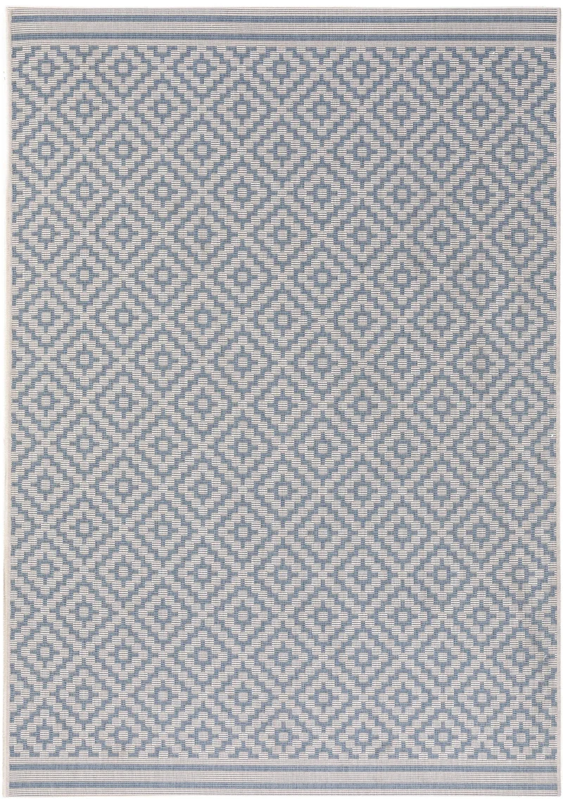 Tapis géométrique motif ethnique bleu et beige d'intérieur et d'extérieur 160x230 cm