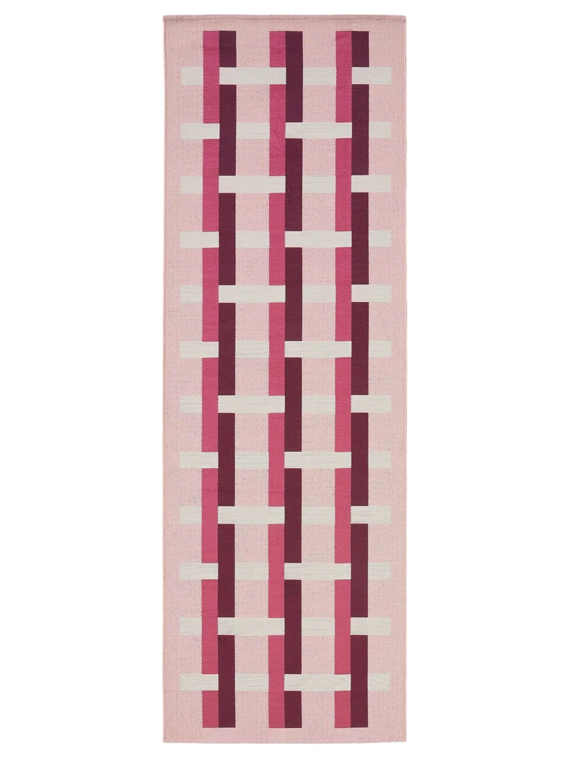 Tapis géométrique quadrillé de couloir rose et blanc d'intérieur et d'extérieur 80x250 cm