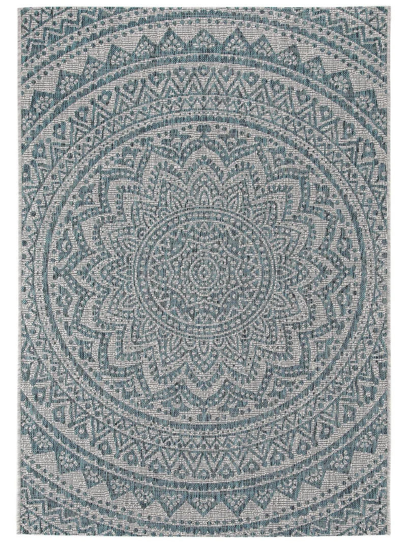 Tapis bohème motif mandala beige et bleu d'intérieur et d'extérieur 140x200 cm