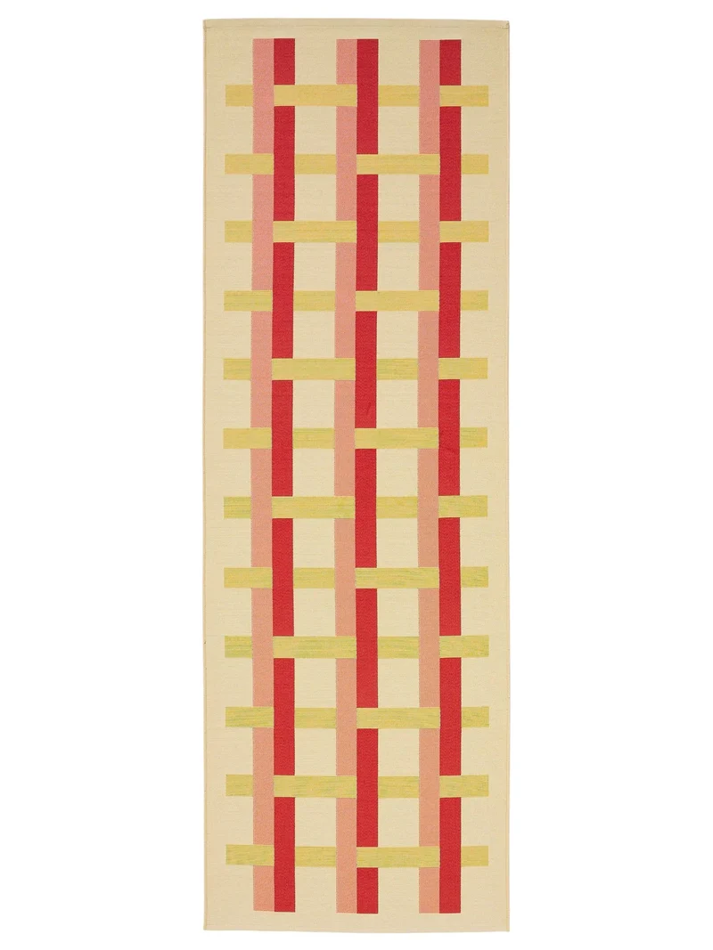 Tapis géométrique quadrillé de couloir rouge et jaune d'intérieur et d'extérieur 80x250 cm