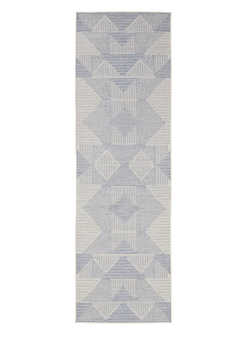 Tapis géométrique inspiration ethnique de couloir gris et bleu d'intérieur et d'extérieur 80x250 cm