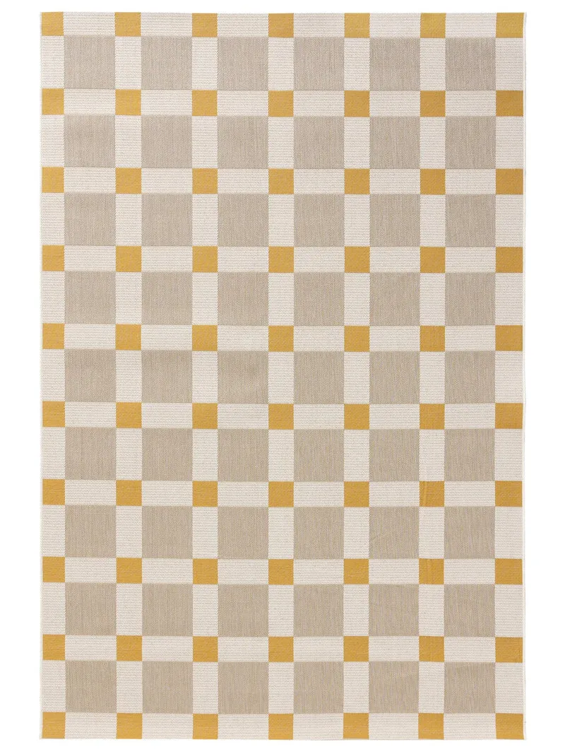 Tapis géométrique motif à carreaux beige et jaune d'intérieur et d'extérieur 80x150 cm