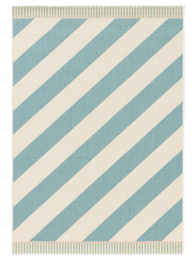Tapis géométrique rayé bleu et crème d'intérieur et d'extérieur 80x150 cm