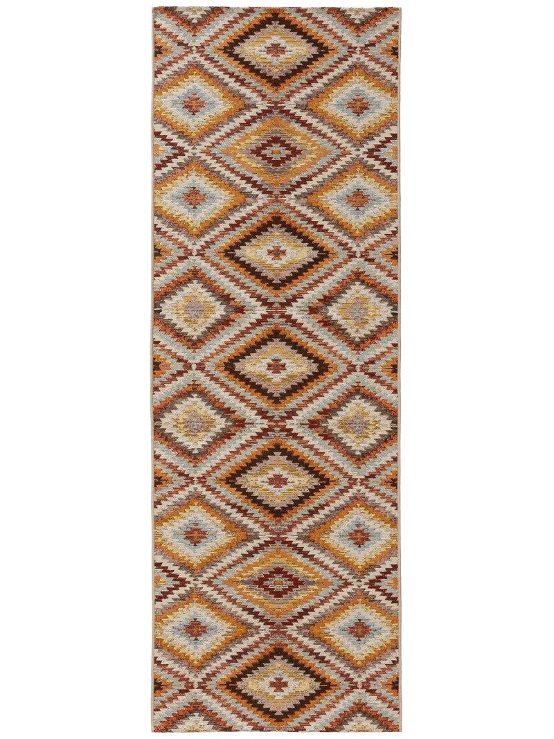 Tapis contemporain géométrique motif losange tons orange multicolore d'intérieur et d'extérieur 80x250 cm