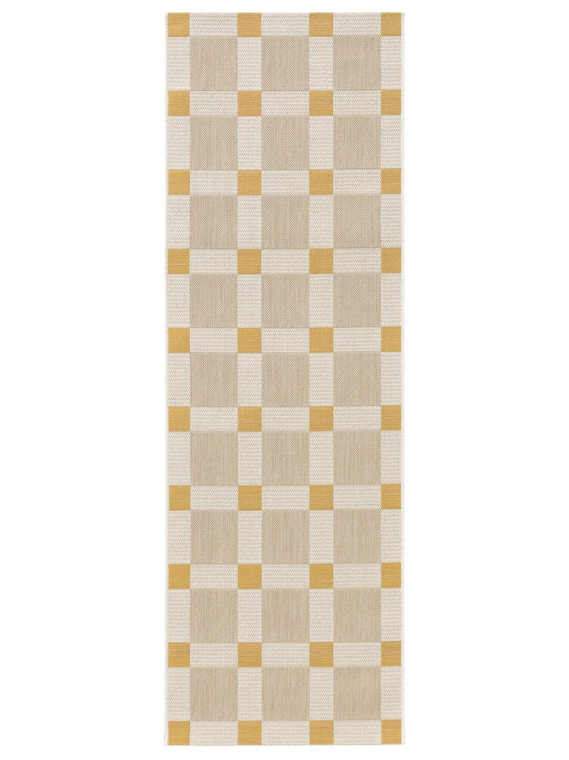 Tapis géométrique motif à carreaux de couloir beige et jaune d'intérieur et d'extérieur 70x200 cm