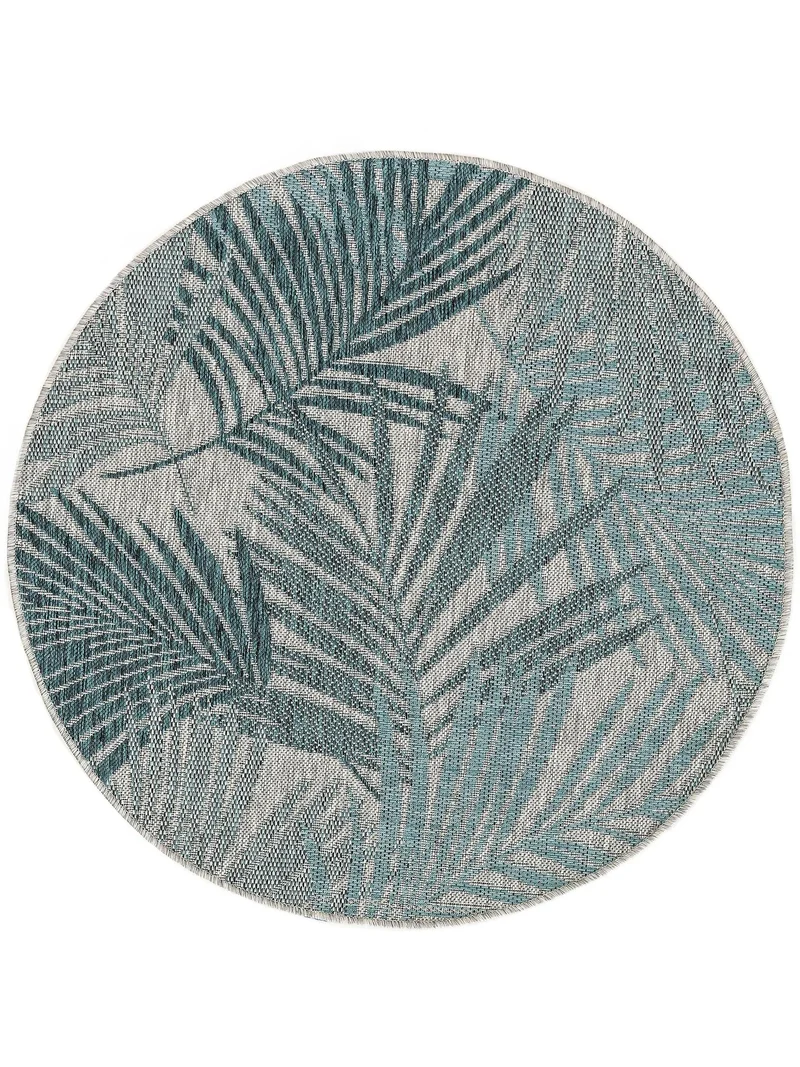 Tapis moderne motif feuille rond bleu et gris d'intérieur et d'extérieur 120 cm de diamètre
