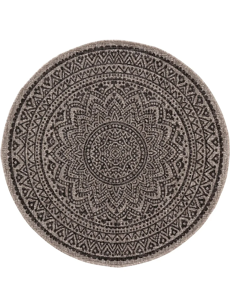 Tapis bohème motif mandala rond beige et marron d'intérieur et d'extérieur 150 cm de diamètre
