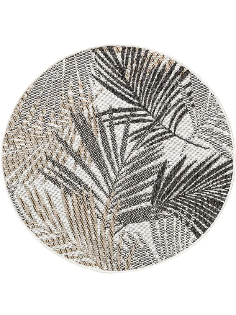 Tapis moderne motif feuille rond gris et beige d'intérieur et d'extérieur 120 cm de diamètre