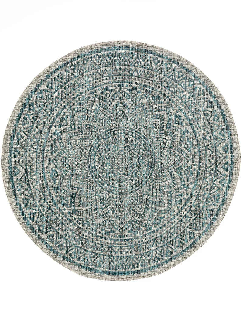 Tapis bohème motif mandala rond beige et bleu d'intérieur et d'extérieur 120 cm de diamètre