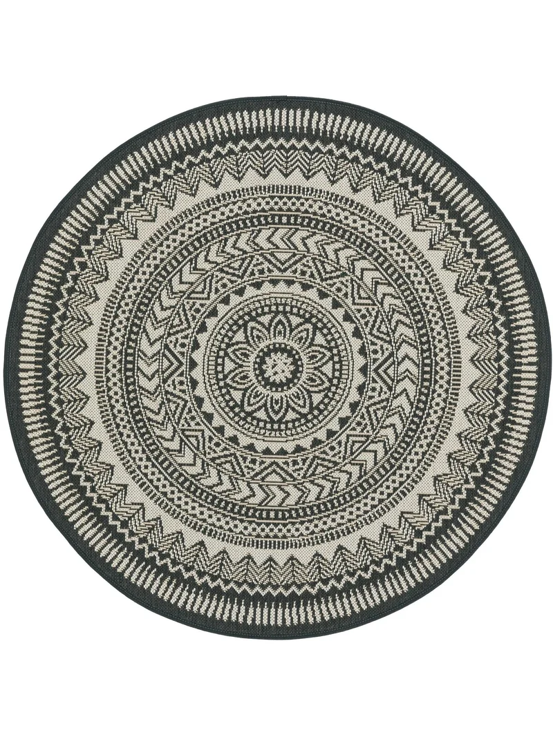 Tapis géométrique motif berbère rond noir et blanc d'intérieur et d'extérieur 120 cm de diamètre