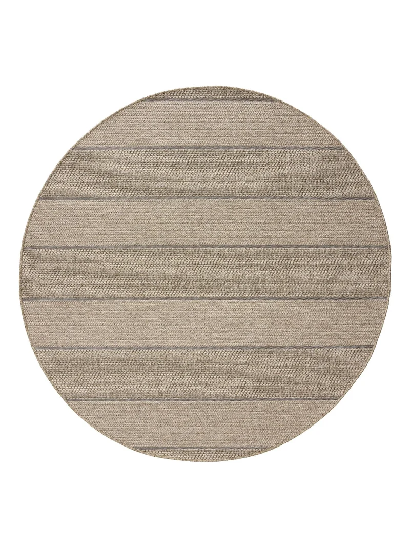 Tapis scandinave motif à bandes rond marron naturel d'intérieur et d'extérieur 160 cm de diamètre