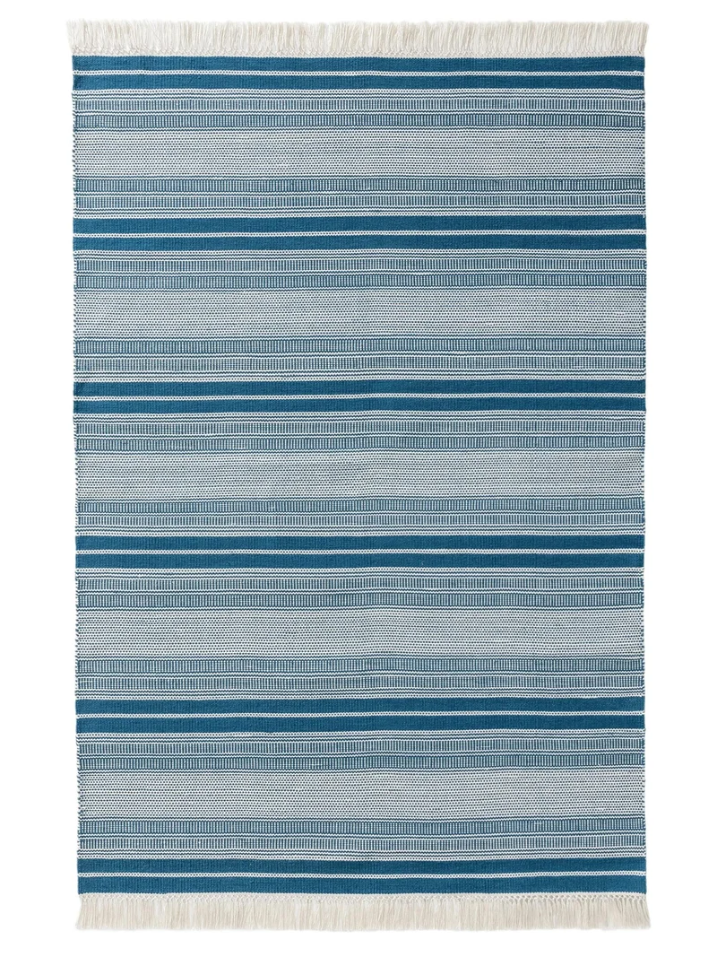 Tapis ethnique rayé à franges bleu et blanc d'intérieur et d'extérieur 200x300 cm