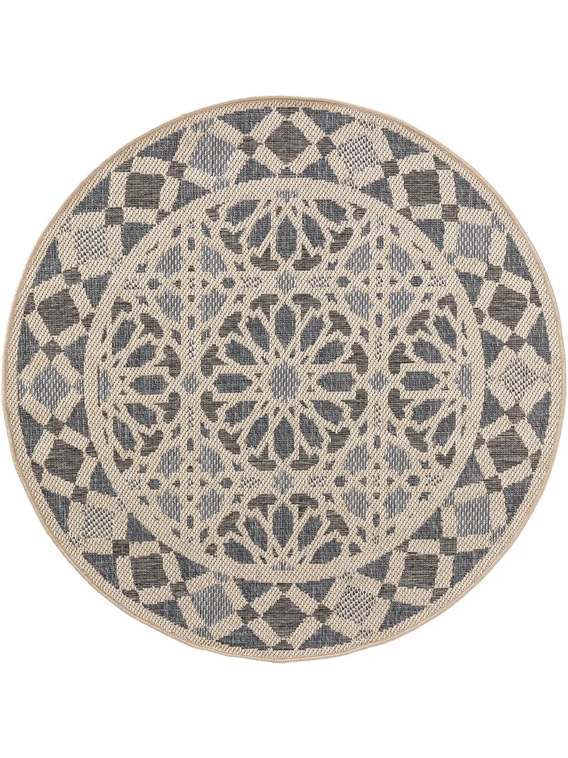 Tapis oriental rond gris et beige d'intérieur et d'extérieur 130 cm de diamètre