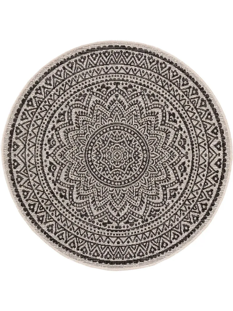 Tapis bohème motif mandala rond blanc et noir d'intérieur et d'extérieur 120 cm de diamètre