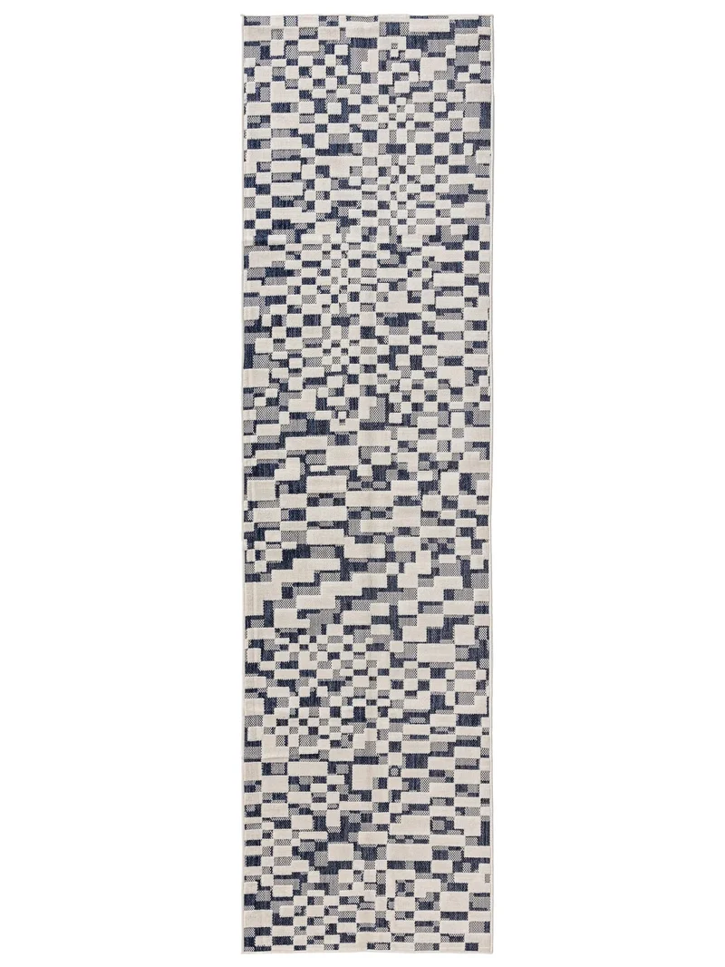 Tapis patchwork abstrait de couloir bleu et gris d'intérieur et d'extérieur 70x200 cm