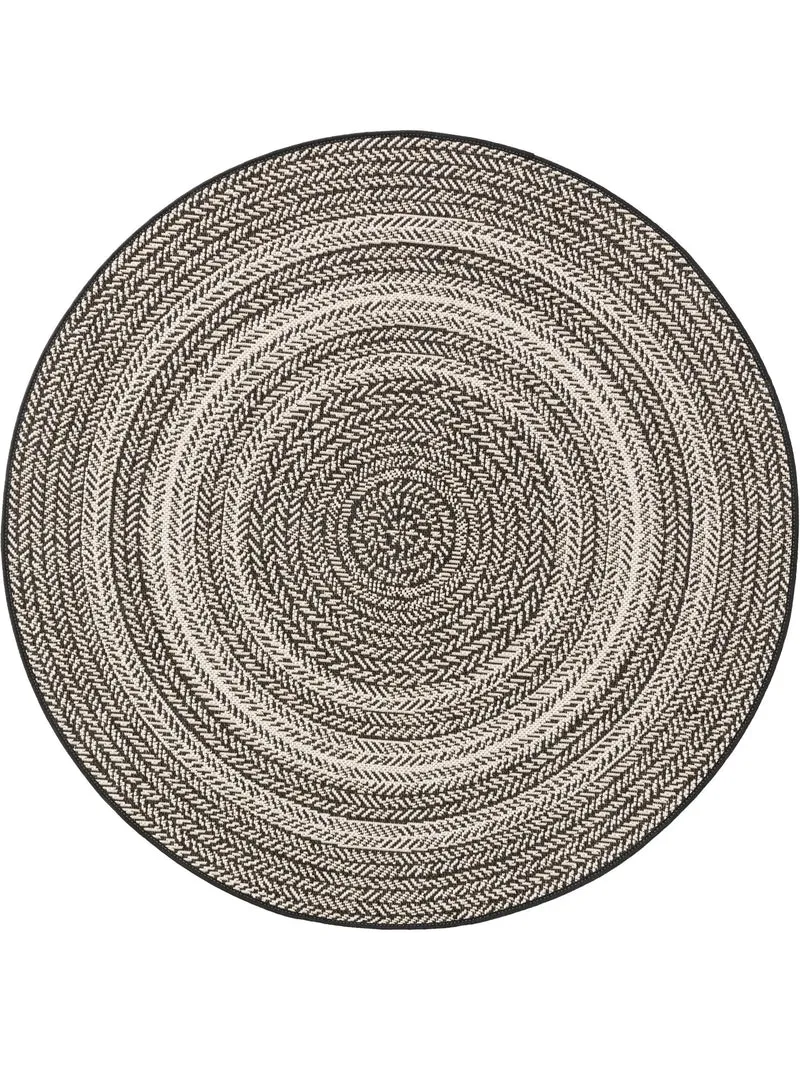 Tapis géométrique motif ethnique rond noir et blanc d'intérieur et d'extérieur 120 cm de diamètre