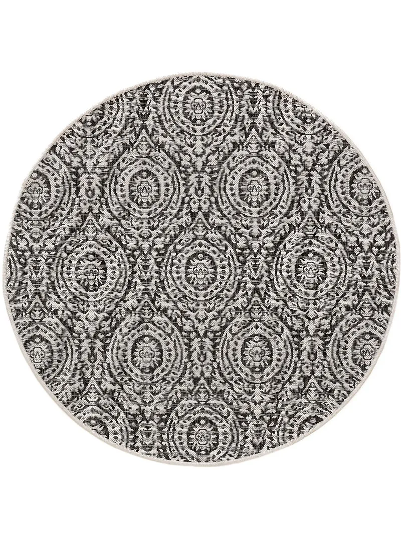 Tapis vintage oriental rond blanc et noir d'intérieur et d'extérieur 120 cm de diamètre