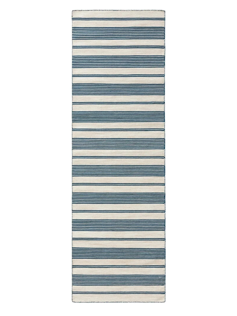 Tapis scandinave motif rayé de couloir beige et bleu d'intérieur et d'extérieur 80x250 cm