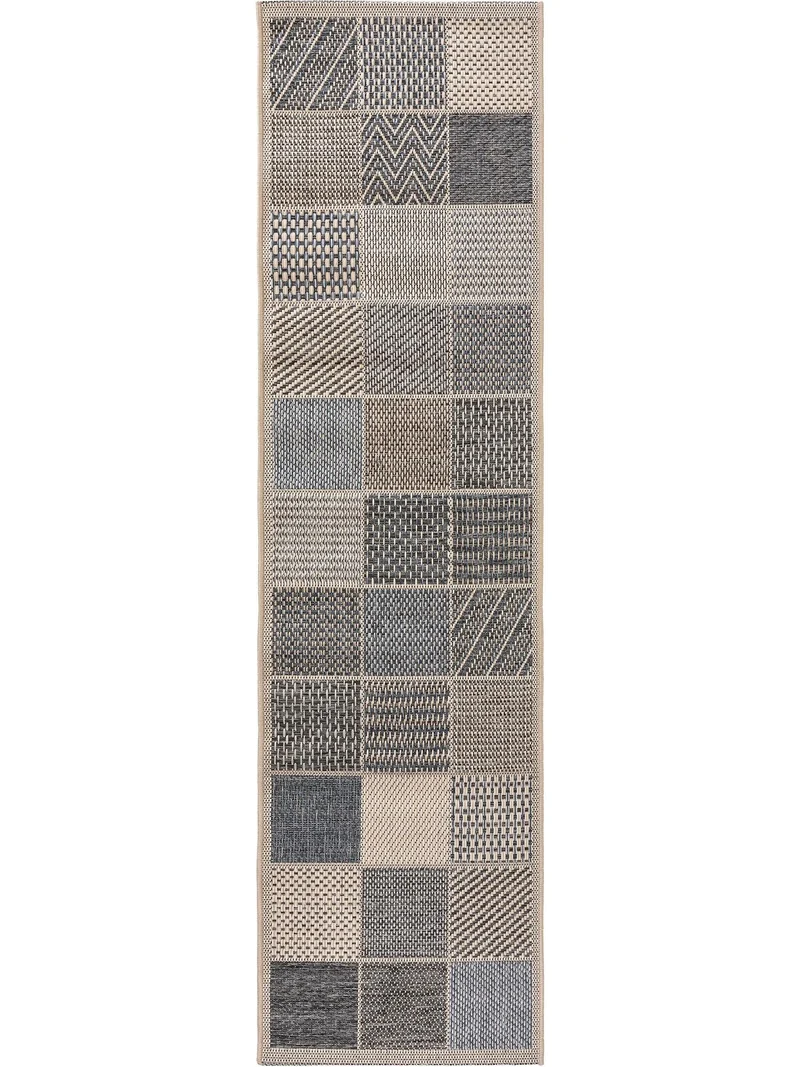 Tapis patchwork de couloir gris bleu et beige d'intérieur et d'extérieur 67x240 cm