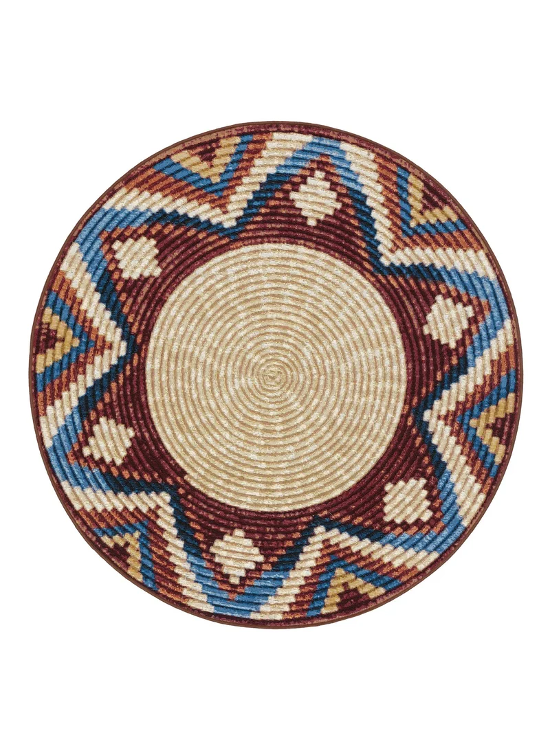 Tapis ethnique imprimé tressé rond multicolore d'intérieur et d'extérieur 160 cm de diamètre