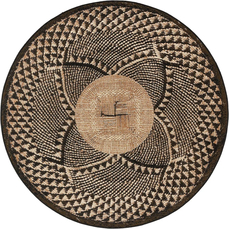 Tapis ethnique rond noir et beige d'intérieur et d'extérieur 160 cm de diamètre