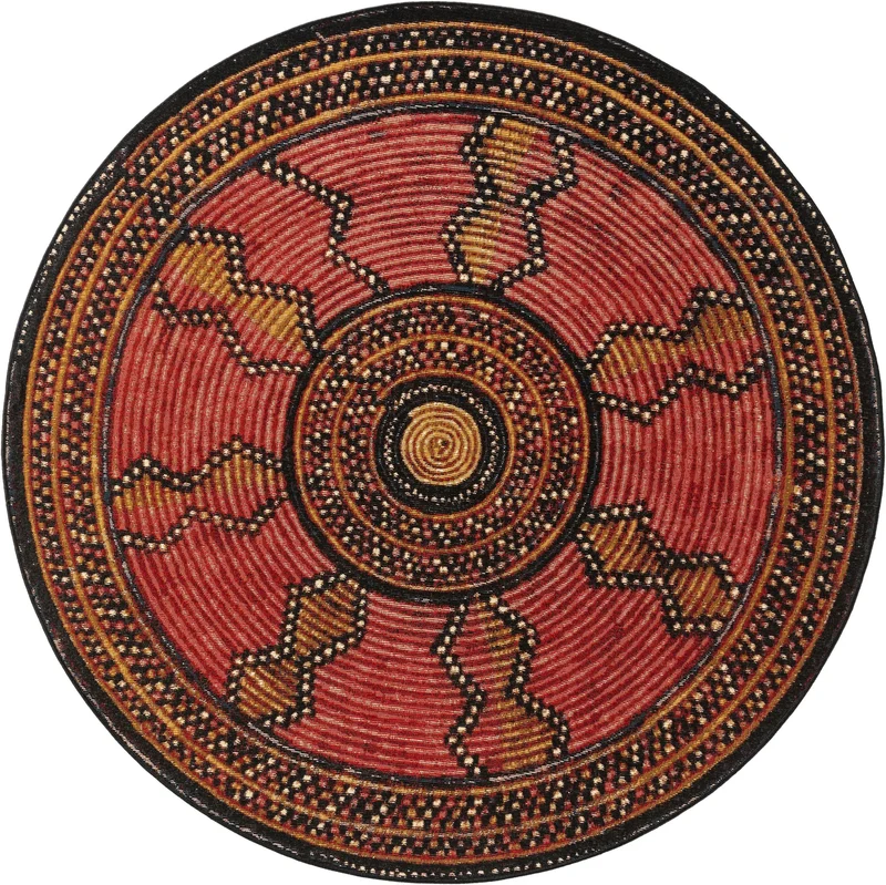 Tapis ethnique rond rouge et noir d'intérieur et d'extérieur 160 cm de diamètre
