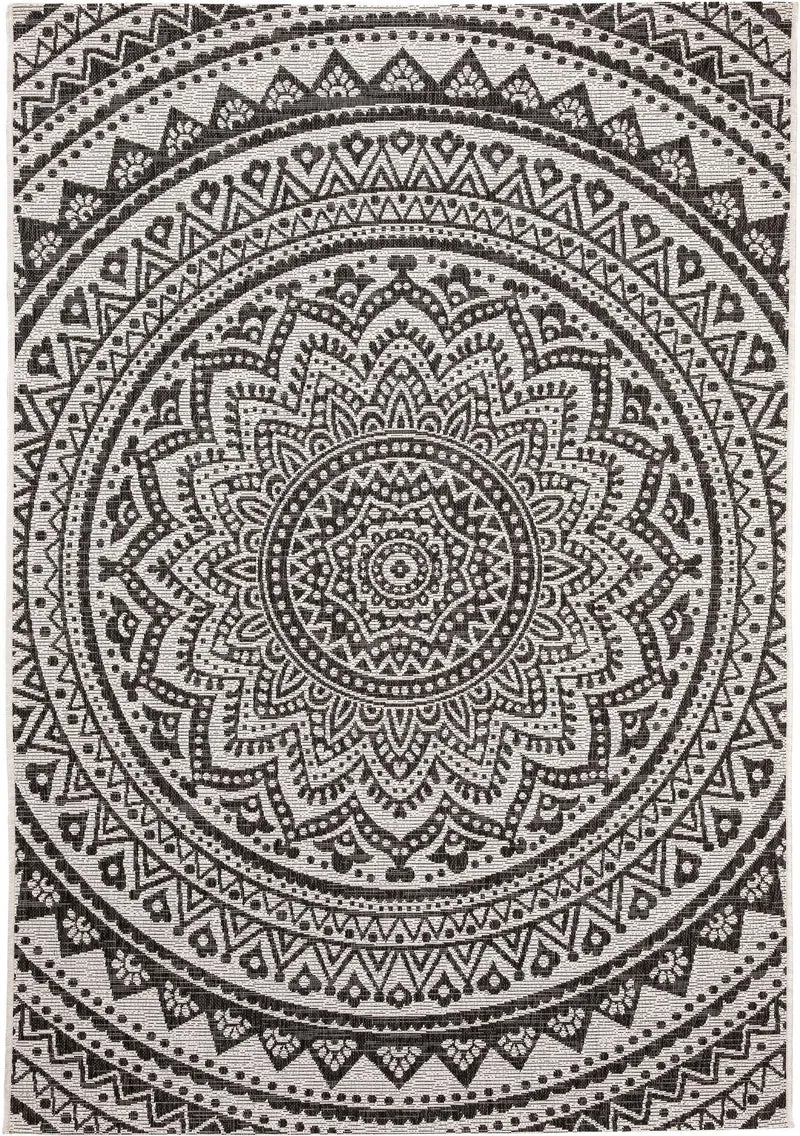 Tapis bohème motif mandala blanc et noir d'intérieur et d'extérieur 120x170 cm