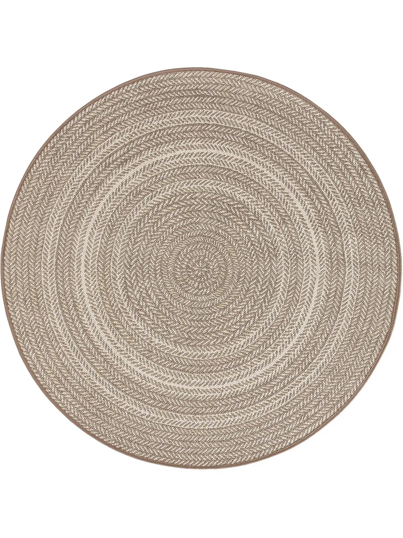 Tapis géométrique motif ethnique rond crème et taupe d'intérieur et d'extérieur 120 cm de diamètre