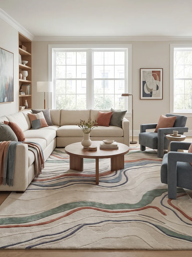 Tapis 100% Laine Ivoire et Terracotta - Onda