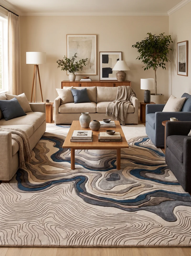 Tapis 100% Laine Ivoire et Bleu - Delta