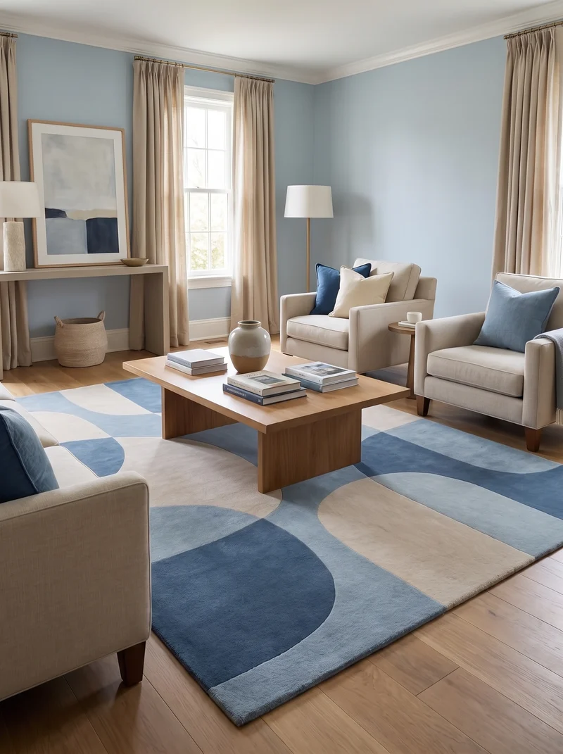 Tapis 100% Laine Bleu et Beige - Laguna